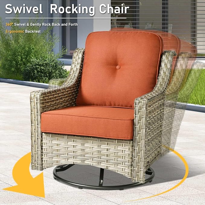 HOOOWOOO 9 Piece Patio Furniture Conversation Sets with Swivel Rocking Chairs,Outdoor Wicker Furniture with Ottoman,All Weather Resistant High Back Rattan Conversational Set(Red)