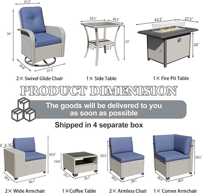 10-Piece Outdoor Patio Furniture Set, Modular Sectional Sofa Set with Swivel Rocker Chairs & Fire Pit, Wicker Outdoor Couch Conversation Sets w/Coffee Table and Cushions, Blue