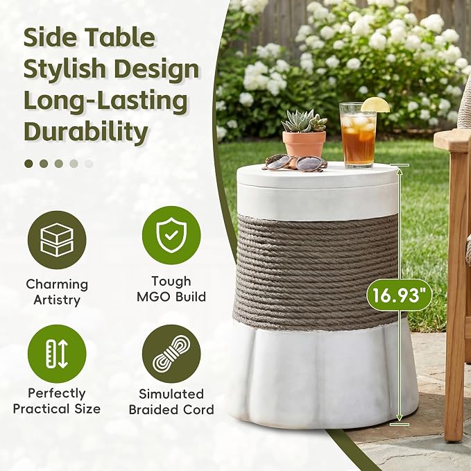 Christopher Knight Home Arford Outdoor Round Side Table, MGO End Table with Woven Rope Texture and Fan-Shaped Base, Decorative Accent Table for Indoor Outdoor Living Spaces, Light Gray and Brown
