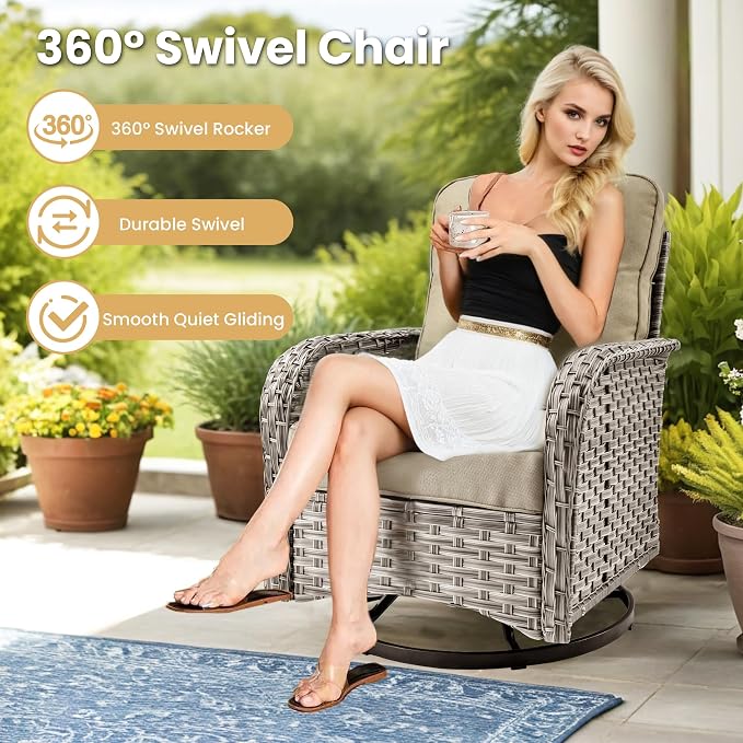 HOOOWOOO 9 Pieces Patio Furniture Set,L Shaped Outdoor Sectional Couch with Fire Pit Table, Pe Wicker All Weather Outside Conversation Sofa Swivel Chiars Solar Table Ottoman Set,Beige
