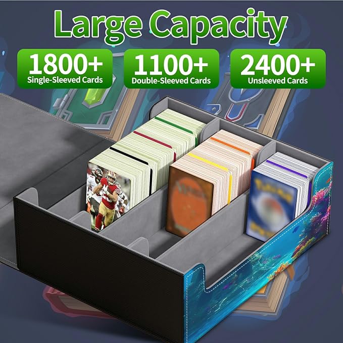 Large Card Deck Box for MTG, Fits 1200+ Sleeved Cards, PU Leather Storage Case with Strong Magnetic Closure, Multiple Colors for TCG CCG Baseball Card Collections, Underwater Castle