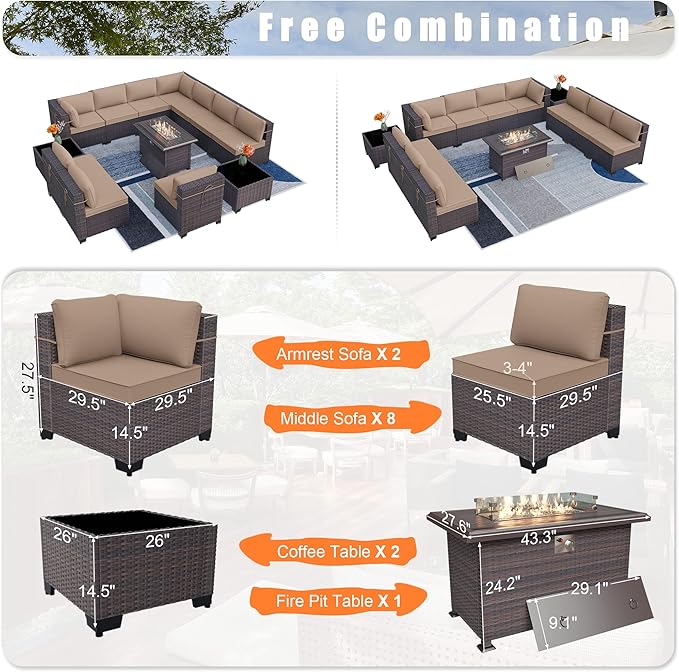 Patio Furniture Set with Fire Pit Table 13-Pieces Outdoor Sectional Furniture Outdoor Rattan Patio Conversation Sets with 43in Propane Gas Fire Pit Table and Glass Table, Sand