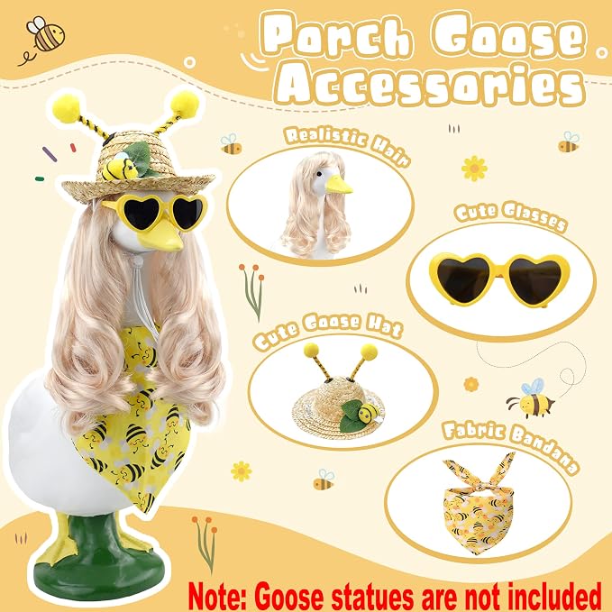 Summer Spring Bee Porch Goose Outfit 4 Piece Porch Goose Insect Outfits with Long Blonde Wig Bee Straw Hat Bandana for Outdoor Decor for Lawn Goose Statues