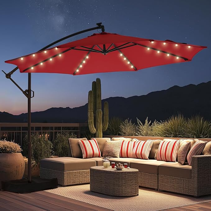 HOMSHADE 10ft Solar Lights Offset Cantilever Patio Umbrella - with Light and Base, LED Lighted Offset Hanging Patio Outdoor Market Umbrella UPF50+ UV Protection with Easy Tilt and Crank (Red)