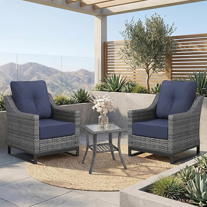 3 Piece Patio Furniture Set,Comfortable Seating Wicker Chairs Set of 2 with Outdoor Side Table, All-Weather Wicker Patio Set with 6 Inch Thick Cushions for Porch Deck Balcony Garden