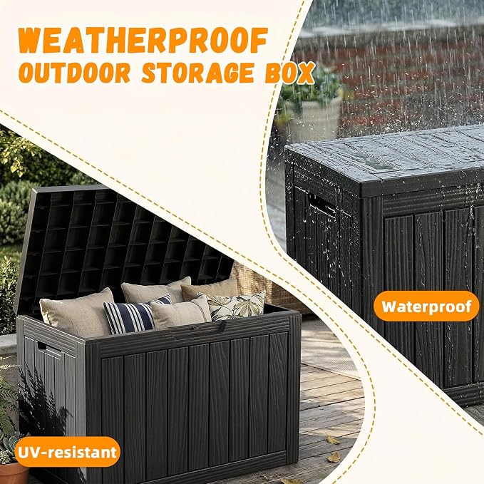 ROJIK Outdoor Storage Box, 55 Gallon Waterproof Deck Box, Weatherproof Resin Outside Storage Bin for Patio Furniture, Garden Tools, Pool Accessories, Cushion, Black