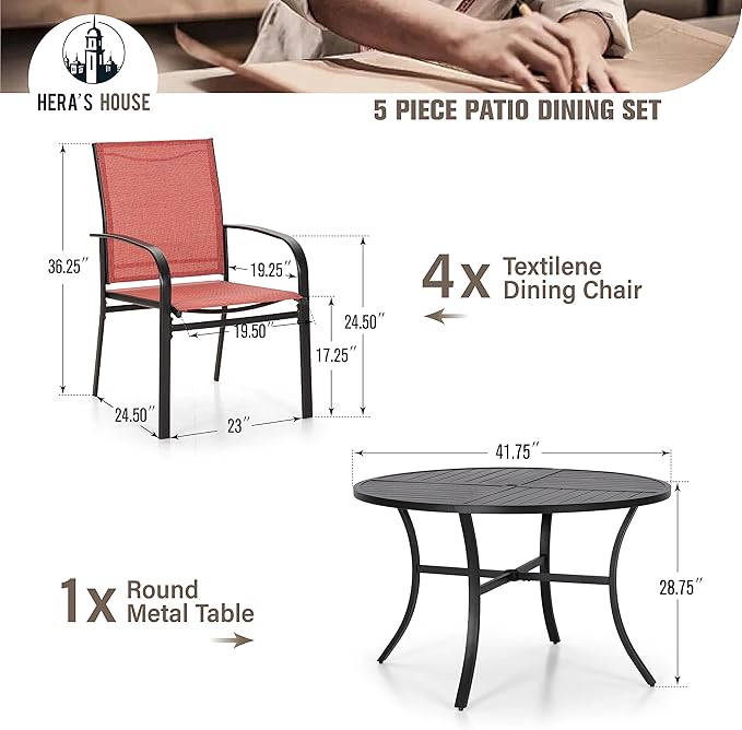 HERA'S HOUSE 5 Pieces Patio Dining Set, Outdoor Table and Chairs Set for 4, 4 x Red Textilene Dining Chair and 42" Metal Round Table for Lawn Garden Backyard Deck