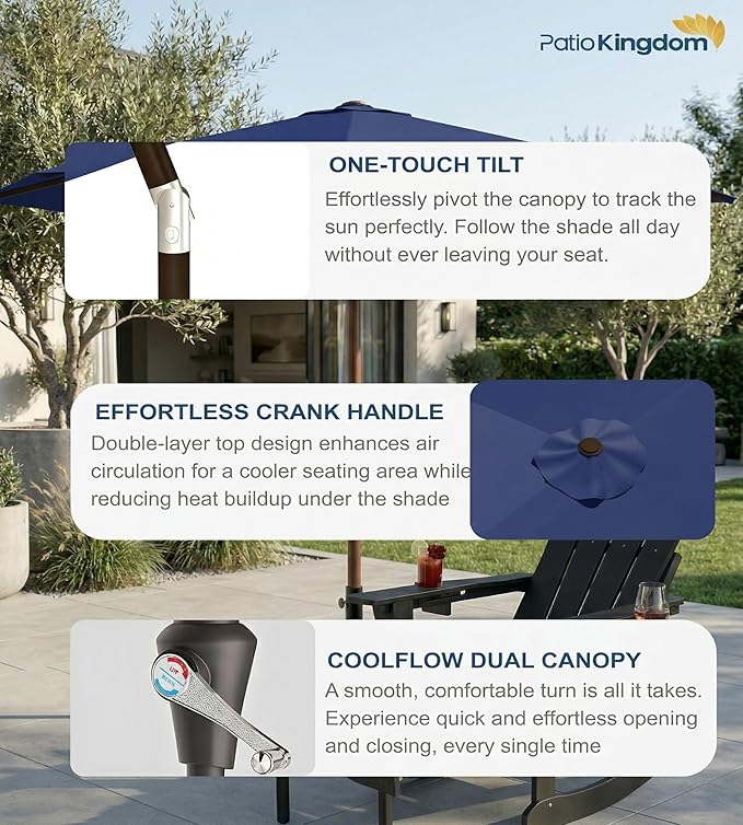 PatioKingdom 10FT Patio Umbrella with Push Button Tilt and Crank, Outdoor Market Umbrella with 8 Fiberglass Ribs, UV Protection Table Umbrella for Pool,Backyard,Garden,Deck