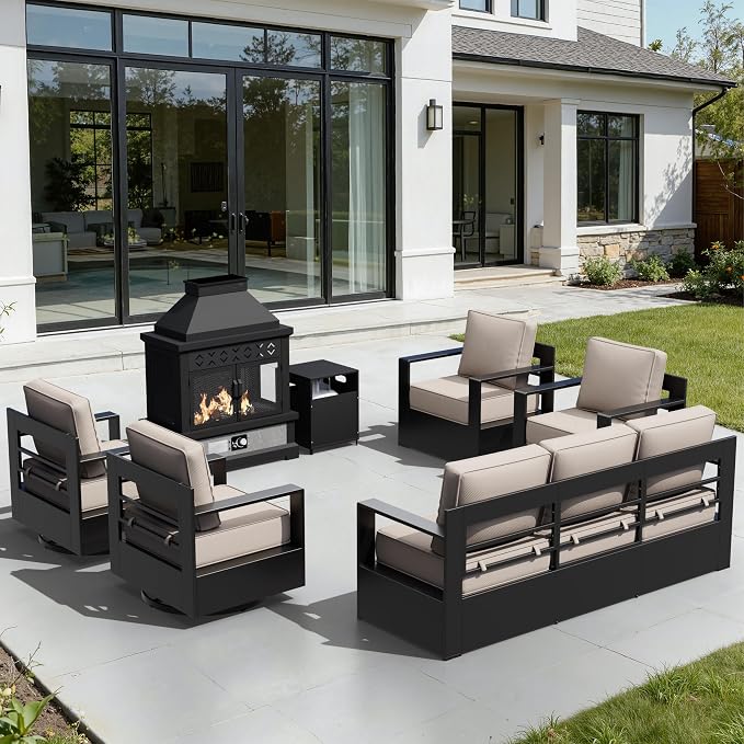 Outdoor Aluminum Furniture Set, 6-Piece Patio Conversation Set, 2 Swivel Chairs, 2 Chairs,1 Sofa and 1 Fireplace, All-Weather Metal Frame, 6" Thick Removable Cushions, Deep Setting for Porch