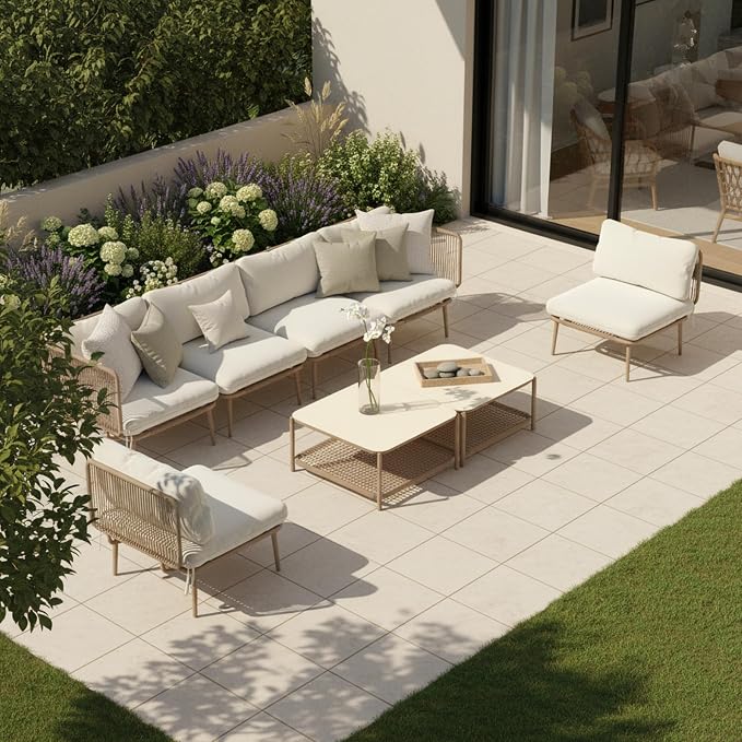 Kingdura 8 Pieces Outdoor Sectional Sofa Set, All-Weather PE Wicker Rattan Patio Conversation Set with Thick Cushions & Coffee Table, Patio Furniture Set for Garden Yard Porch Lawn Poolside (Beige)