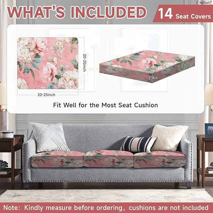 CALBODE 14 Pcs Stretch Outdoor Seat Cushion Covers, Washable Chair Seat Cover for Patio Furniture Cushions Soft Indoor and Outdoor Couch Cover Replacement (Pink Blooming, Cover Only)