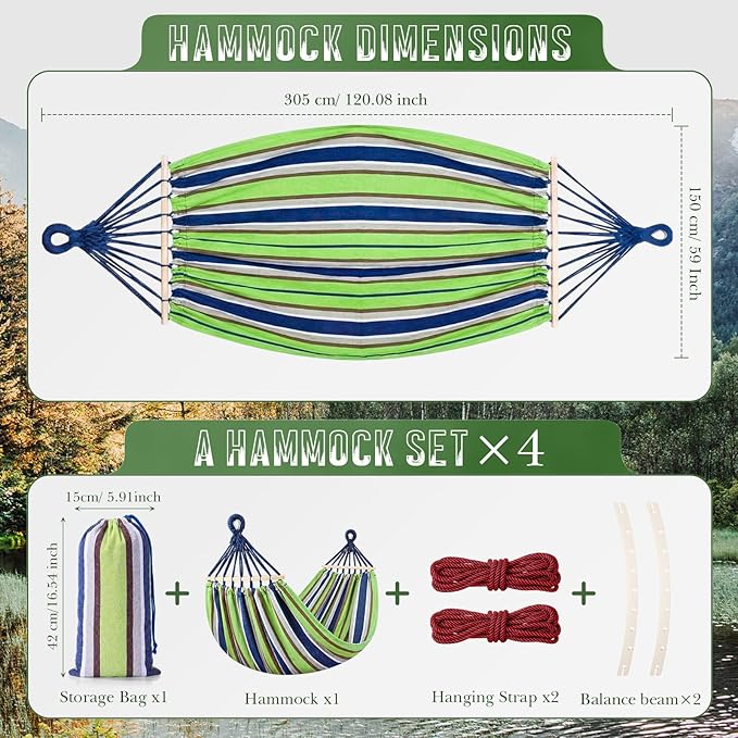 SATINIOR 4 Pack Canvas Portable Camping Hammocks with 4 Carrying Pouch 8 Tree Straps 8 Anti Roll Balance Beam Large 86.6 x 59 Hanging Hammock for Patio Backyard Outdoor, Red & Blue & Green & White
