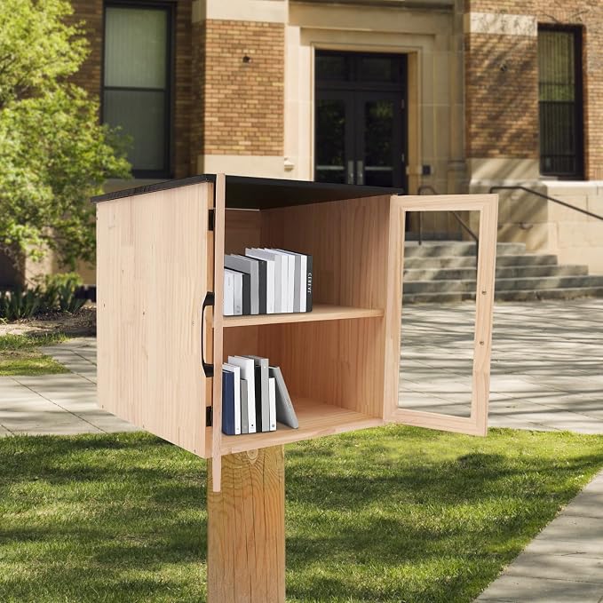 Outdoor Library Book Box, 2-Tier Literature Exchange Kit, 18.5" Tall Outdoor Wood Cabinet for Sharing Books Community Literature, Flyers, Newspapers, Food Art