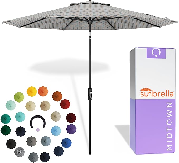 Midtown Umbrellas – The Swilt 8 Ft Patio Umbrella with 360° Swivel & Tilt Mechanism, Sunbrella Fabric & 8 Fiberglass Ribs – Outdoor Umbrella for Deck, Pool & Cafes – Infused Gem Canopy, Black Pole