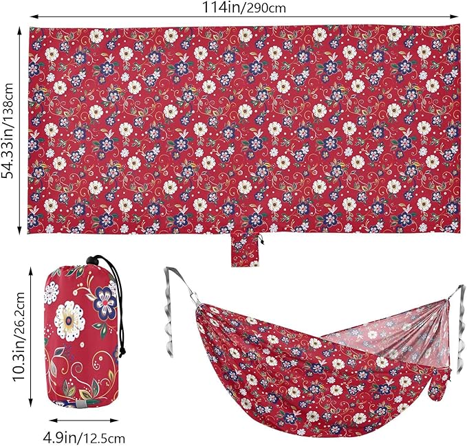 Red Flowers Traditional Style Hammocks with Hanging Rope Rope Hammock for Outside Patio Garden