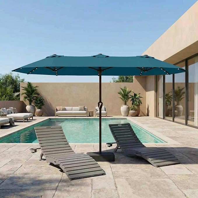 15FT Patio Umbrella with Solar Lights, Double-Sided Extra Large Outdoor Table Umbrella with Base Included, Heavy-Duty 12 Iron Ribs Market Umbrella for Garden, Pool, Backyard, Lake Blue