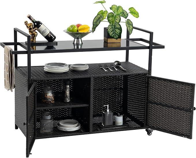 Outdoor Kitchen Island Wicker Rattan Bar Table, Glass Top Patio Serving Cart Rolling Bar Cart with 2-Tier Shelf & Cabinet for Patio Poolside Party (Black)