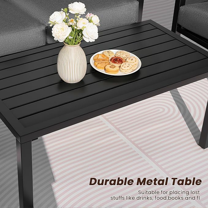 NATURAL EXPRESSIONS Outdoor Patio Furniture 4 Pieces Set, Modern Patio Conversation Sets, Outdoor Sectional Metal Sofa with 5.5 Inch Cushion and Coffee Table,Black