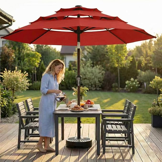 10ft 3-Tier Patio Umbrella with 32 Solar Powered LED Lights, Windproof Outdoor Market Umbrella for Deck, Poolside & Garden, Sturdy Push-Button Tilt Table Umbrella, Red
