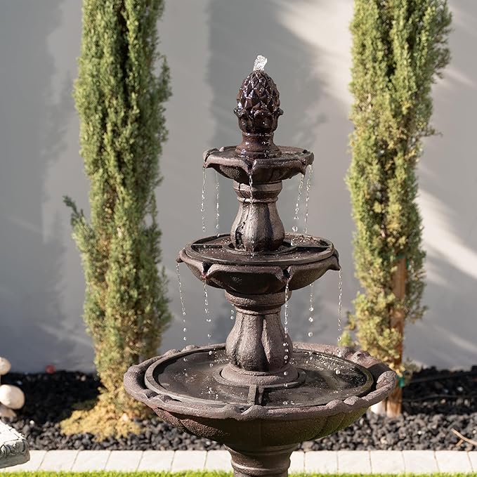 XBrand 3-Tier Freestanding Waterfall Fountain w/Pump & Pineapple Top, 51 Inch Tall, Brown, Large Outdoor Garden Fountain, Ideal for Garden, Porch, and Lawn