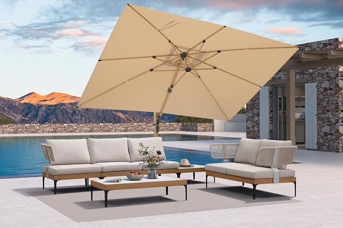 PURPLE LEAF 5 Pieces Patio Conversation Furniture Sets with with 9' X 12' Umbrella Loveseat Chairs Tables Modern Wicker Armrest Outdoor Aluminum Sectional Sofa Sets for Balcony Yard Garden Poolside