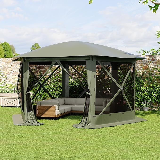 GarveeLife 13x13FT 6-Sided Pop Up Gazebo Tent，One-Push Setup Canopy Tent with Removable Canopy Top & Wind Cloths, Outdoor shelter for Camping, Backyard Parties, Outdoor Events - Army Green