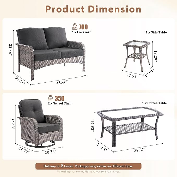 5 Pieces Outdoor Patio Furniture Set with Coffee Table, All Weather Wicker Patio Conversation Sets with Rocking Chairs, Balcony Furniture Sets for Backyard, Garden, Poolside, Black