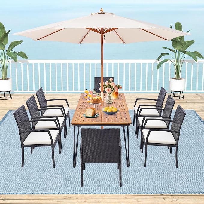 9 Pieces Patio Rattan Dining Set with Acacia Wood Table, Heavy Duty Outdoor Table and Chairs Set with Soft Cushions and 1.9 Inches Umbrella Hole, for Backyard, Garden and Poolside