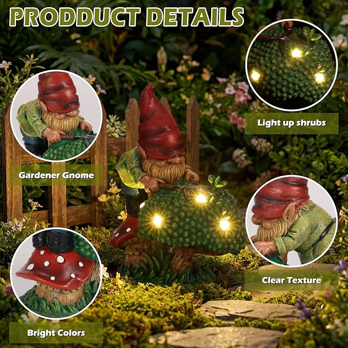 EXYGLO Solar Gnome Garden Statue Decor, 7.4" Gnome Gardener Outdoor Funny Decoration for Lawn, Patio, Yard, and Unique Housewarming, Birthday Ornament Gift for Mother, Friend, Family