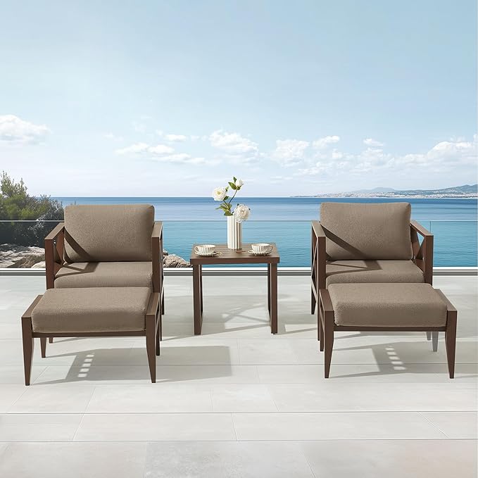 MBY 2-Seat Aluminum Patio Furniture Set with Ottomans & Coffee Table, Oversized Outdoor Conversation Set, Weather-Resistant for Backyard, Deck, Balcony – Brown