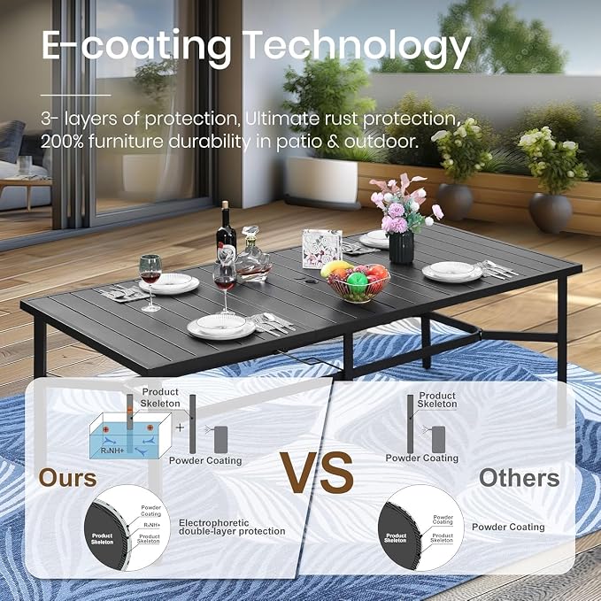 PHI VILLA 9 Piece Patio Dining Set, 83" Rectangular Metal Dining Table with Umbrella Hole, 8 Fixed Chairs with Waterproof Cushions, All Weather Outdoor Furniture for Deck, Backyard