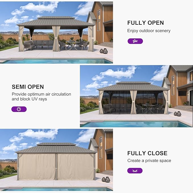 PURPLE LEAF 12' x 20' Outdoor Hardtop Gazebo, Champagne Aluminum Gazebo with Galvanized Steel Double Roof, Curtains and Netting for Patio Lawn and Garden