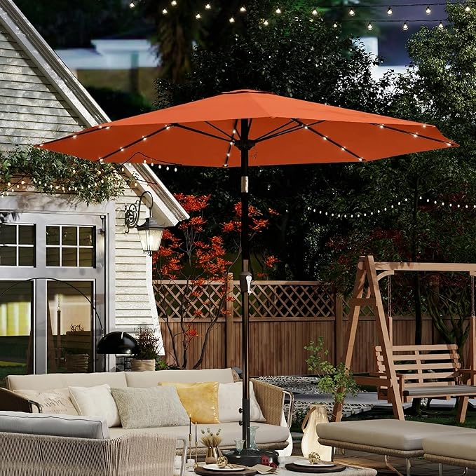 10FT Solar Umbrella 32 LED Lighted Patio Umbrella Table Market Umbrella w/Tilt and Crank, UV-Resistant Outdoor Umbrella for Pool, Garden, Deck, Terracotta