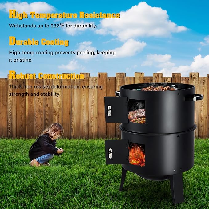 32" Vertical Charcoal Smoker Grill, Heavy-Duty BBQ Grill with Built-in Thermometer, 3 in 1 Grill and Smoker, Portable Meat Cooker with Air Vent for Outdoor Barbecue Cooking