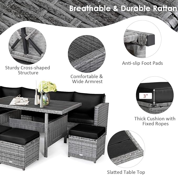 Tangkula 7 Pieces Patio Furniture Set, Outdoor Sectional Rattan Sofa Set with Cushions, All Weather Wicker Conversation Couch Set w/Dining Table & Ottomans for Backyard Garden Poolside (Black)