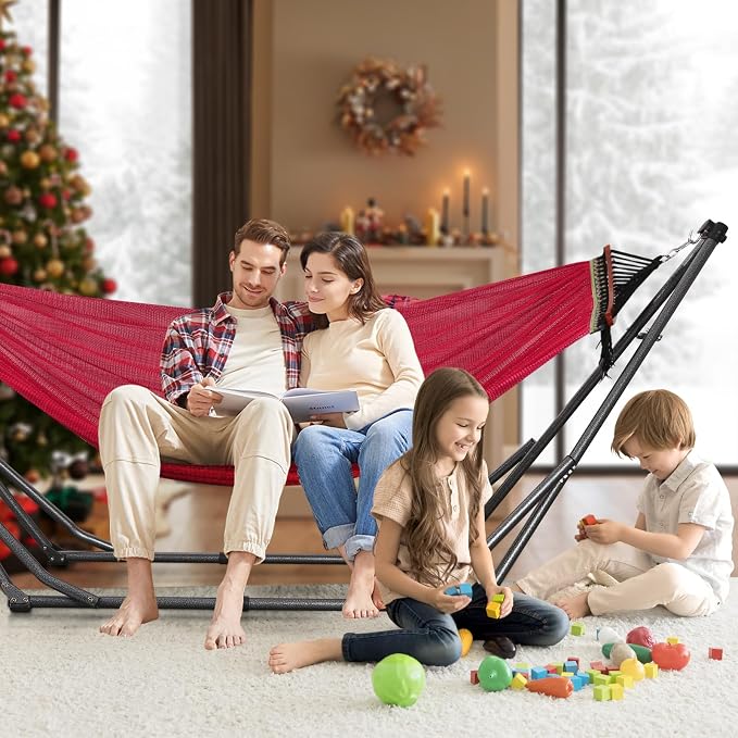 Goutime Collapsible Hammock Stand with Carry Bag, 550lbs,Portable,Red | 3 level adjustable up to 10ft, double layer hammock net, fits indoor, yard, camping, and outdoor use