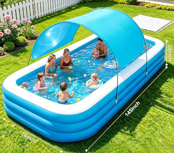 Extra Large Inflatable Pool with Canopy Pump, 145" x 74" x 22" Large Blow Up Pool for Adults Family, Full Size Inflatable Swimming Pool with Big Shade for Backyard Outdoor