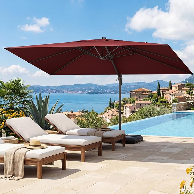 HASLE OUTFITTERS 9x12 FT Patio Cantilever Umbrella, Outdoor Offset Large Rectangular Heavy Duty Umbrellas with 360° Rotation for Pool Garden Deck，Red