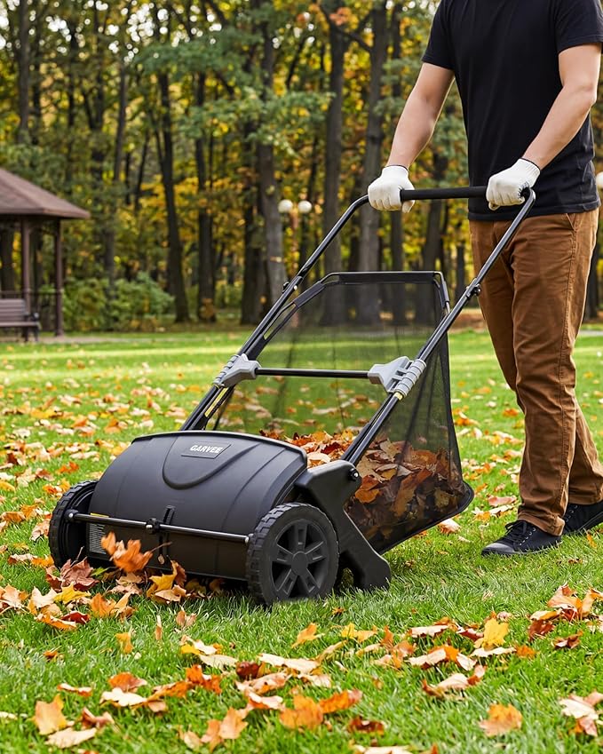 Garvee 21-Inch Push Lawn Sweeper, 3.5 Cu. Ft. Hopper Leaf & Grass Collector, 4 Spinning Brushes, Adjustable Brush Height, Manual Yard Sweeper for Grass Clippings, Leaves & Light Debris, Black