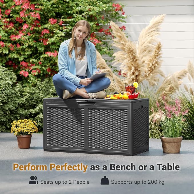 TANGZON 380L Outdoor Deck Box, Waterproof Patio Storage Container with Wheels, Lockable Lid & Side Handles, Large Resin Storage Box For Pillows Cushions Tools (Grey)
