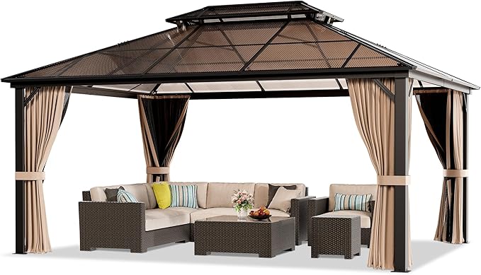 AirWire 12'x16' Hardtop Gazebo, Outdoor Polycarbonate Roof Canopy, Aluminum Frame Permanent Pavilion with Curtains and Netting, Sunshade for Garden, Patio, Lawns