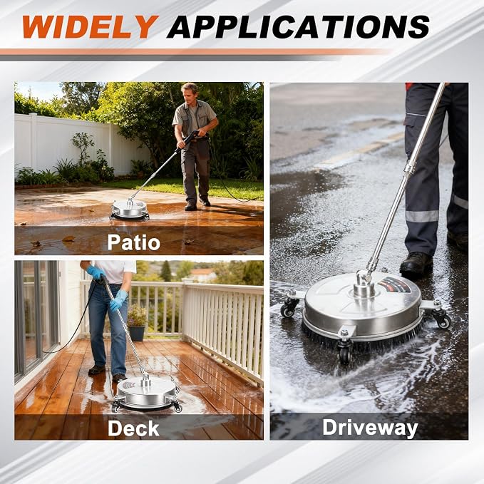 14" Pressure Washer Surface Cleaner with 4 Wheels, Stainless Steel Surface Cleaner for Pressure Washer for Concrete, Patio, Sidewalk & Driveways, 1/4" Quick Plug, 2 Extension Wand, 4000 PSI