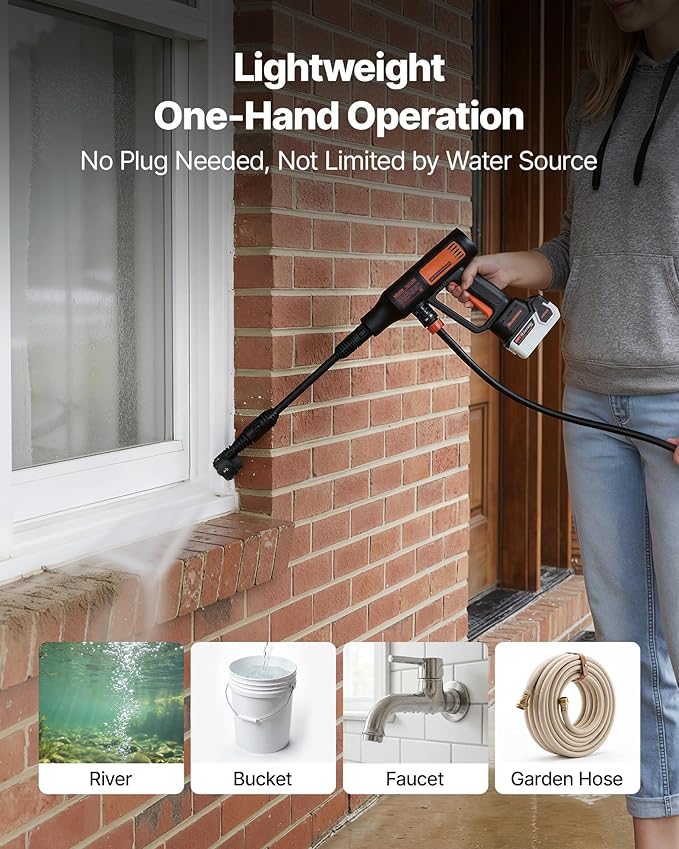 VEVOR Cordless Pressure Washer, 1200PSI MAX Portable Pressure Washer with Brushless Motor, 6-in-1 Nozzle & Water Hose, 4 Speed Adjustable, Battery Powered Handheld Power Cleaner for Home Garden Patio