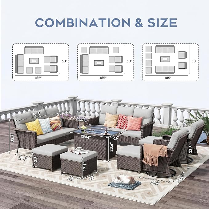 XIAO WEI 9-Piece Outdoor Furniture Set with Fire Pit Table, Wicker Patio Conversation Set with Cushions & Swivel Glide Chairs, All-Weather Patio Furniture Set for Backyard, Garden, Deck (Beige)