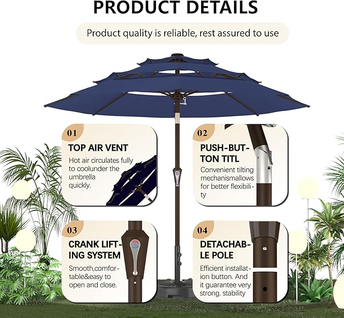 Ayge 9FT 3-Tier Large Outdoor Patio Umbrella Market Table Umbrella-UV Resistant,Easy Push Button Tilt and Crank,8 Sturdy Fiberglass Ribs Heavy-Duty Pool Umbrella for Deck,Backyard,Garden,Yard,Navy