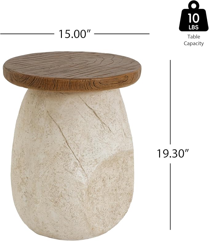 Outdoor Side Table, Modern Organic MGO Accent End Table for Patio, Living Room, Beige Tone Organic Pear-Shaped Base with Faux Wood Grain Top