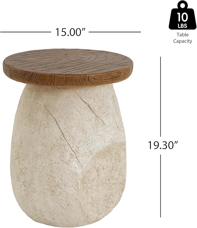 Nerissa Outdoor Patio MGO Side Table, Organic Pear-Shaped Accent End Table with Faux Wood Grain Top, Beige Modern Side Stand for Balcony Garden Poolside Living Room Bedroom