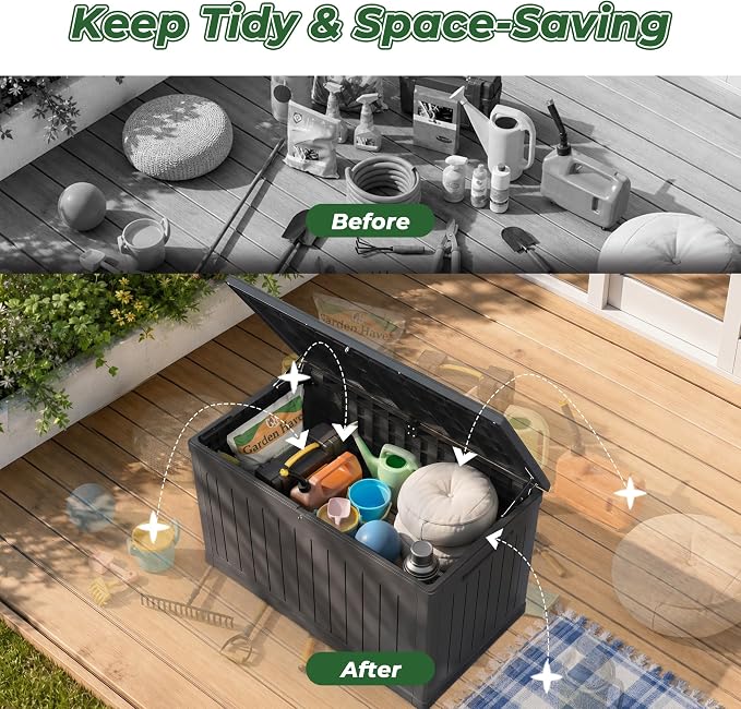 270 Gallon Deck Box, Lockable Waterproof Storage Box, Outdoor Storage Bin for Package Delivery, Patio Cushions, Gardening Tools，Pool Accessories and Sports Equipment (Black,270 Gallon)