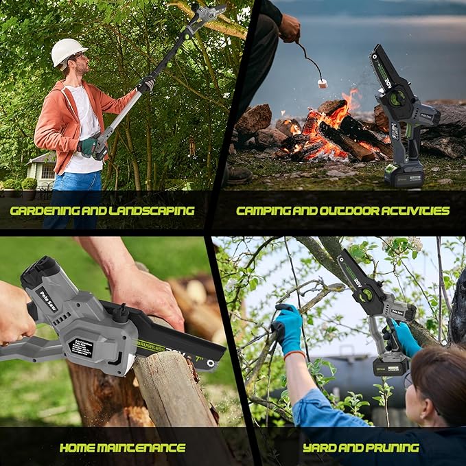 2-in-1 Cordless Pole Saw (2025 Upgraded), 7 Inch Brushless Mini Chainsaw with Extension Pole, Pole Saws for Tree Trimming Battery Powered with 2x 20V 4000 mAh Battery, 16ft Reach Electric Pole Saw