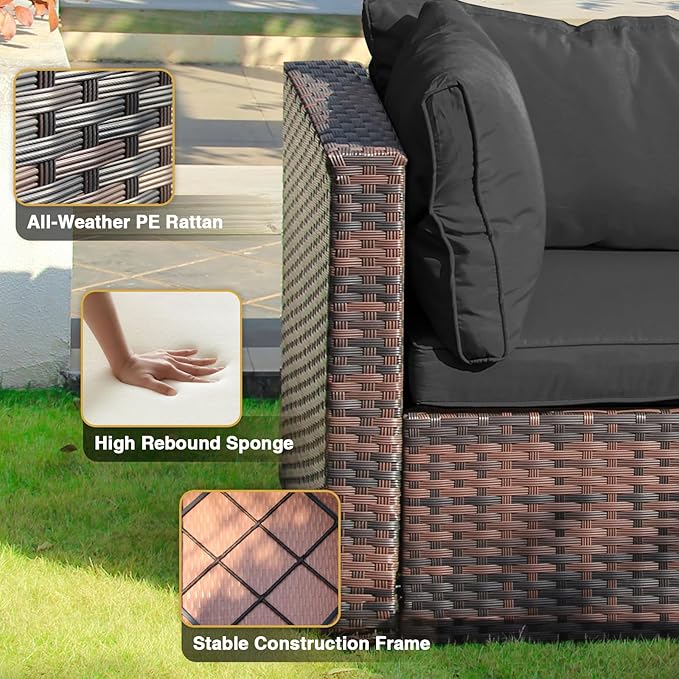 5 Piece Patio Furniture Set All Weather PE Rattan Outdoor Sectional Sofa Couch with No-Slip Cushions and Glass Top Table for Garden, Poolside, Backyard (Black)